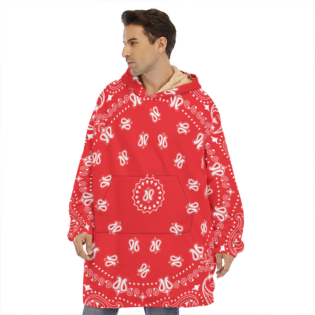 Red Paisley Bandana Print Hoodie Blanket
