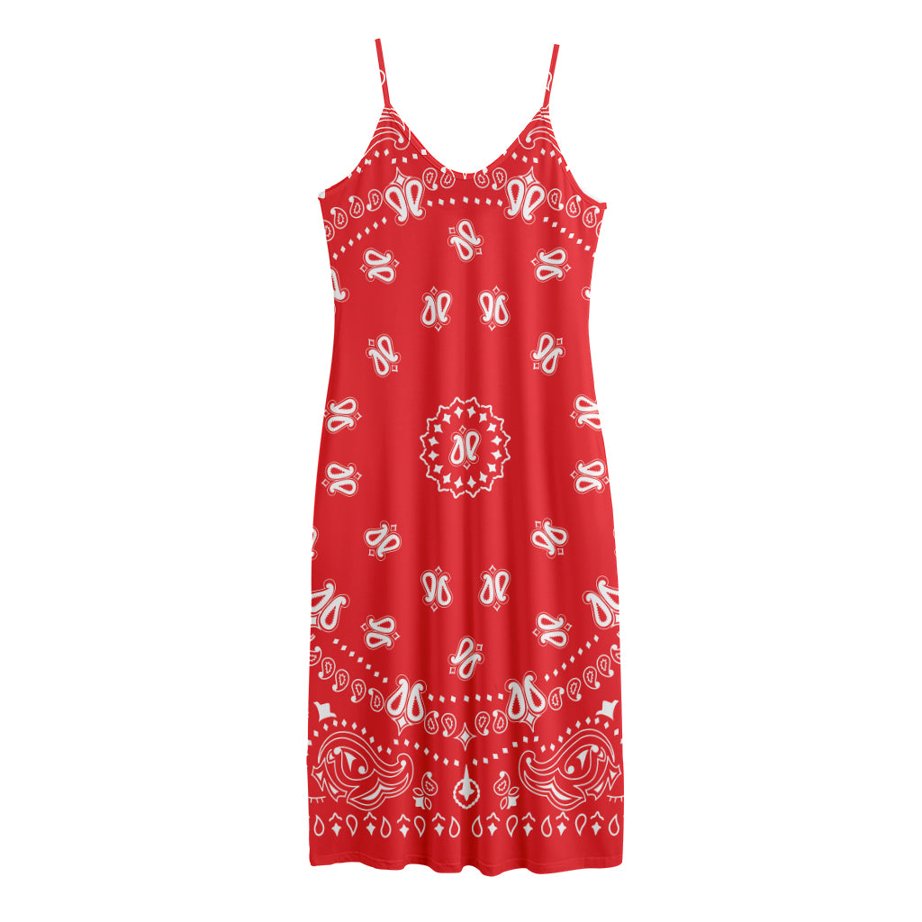 Red Paisley Bandana Print Jersey Midi Cami Dress