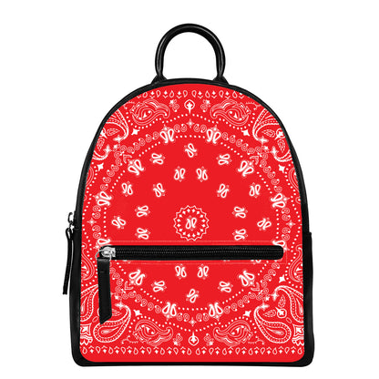 Red Paisley Bandana Print Leather Backpack