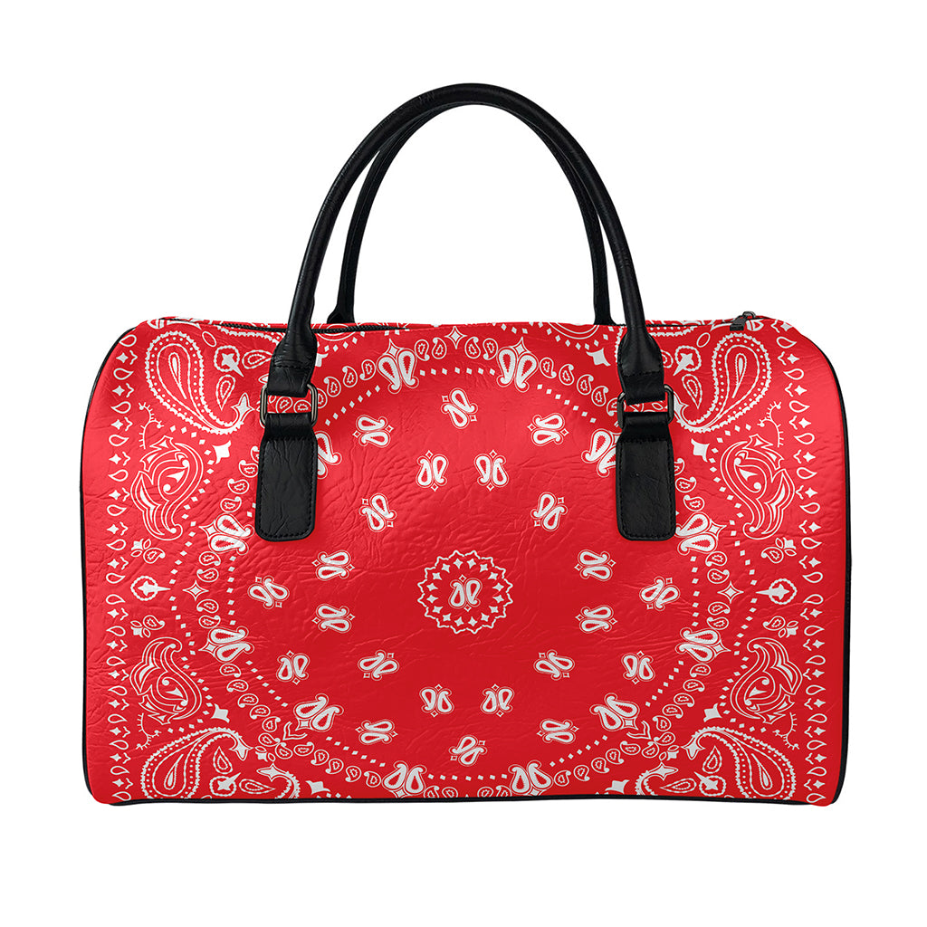 Red Paisley Bandana Print Leather Duffle Bag
