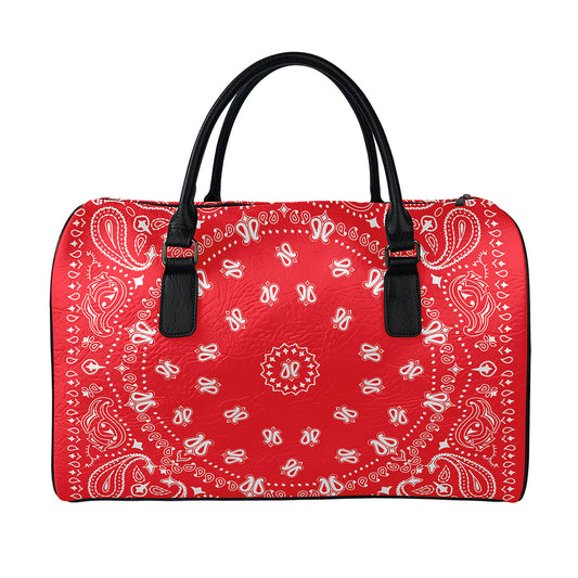 Red Paisley Bandana Print Leather Duffle Bag