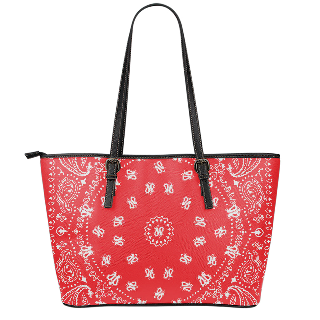 Red Paisley Bandana Print Leather Tote Bag