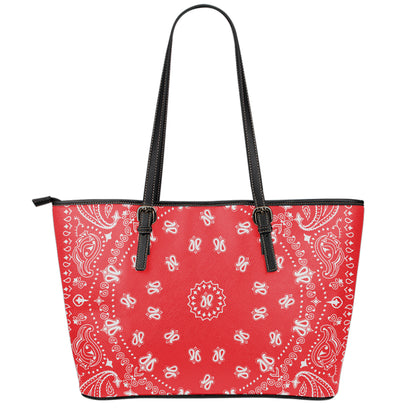 Red Paisley Bandana Print Leather Tote Bag