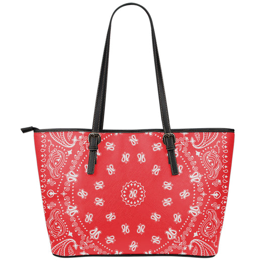 Red Paisley Bandana Print Leather Tote Bag