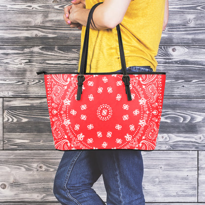 Red Paisley Bandana Print Leather Tote Bag