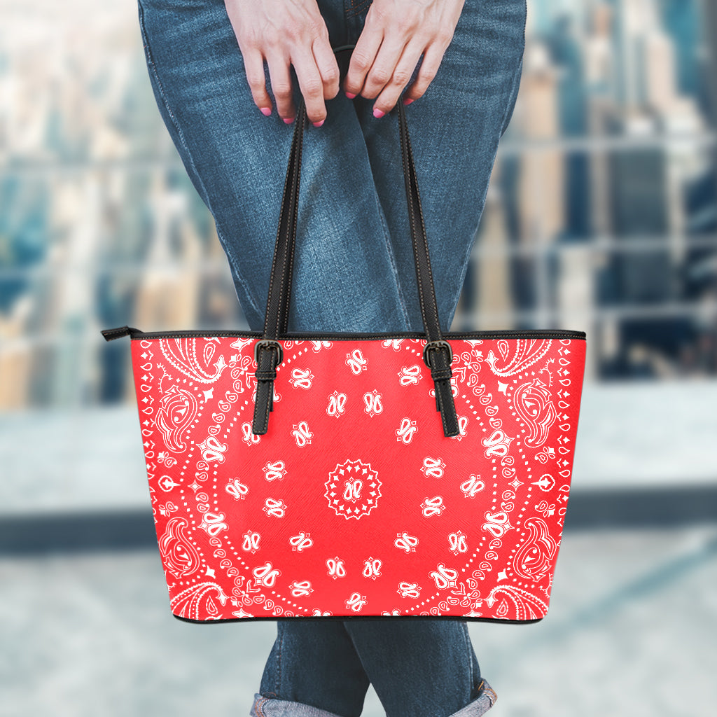 Red Paisley Bandana Print Leather Tote Bag