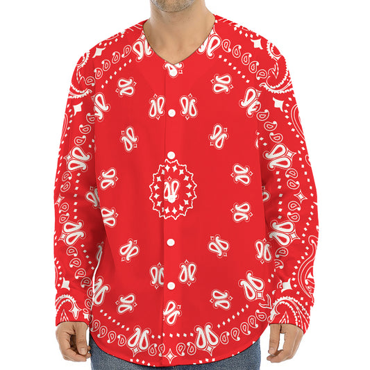 Red Paisley Bandana Print Long Sleeve Baseball Jersey