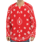 Red Paisley Bandana Print Long Sleeve Baseball Jersey