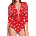 Red Paisley Bandana Print Long Sleeve Swimsuit