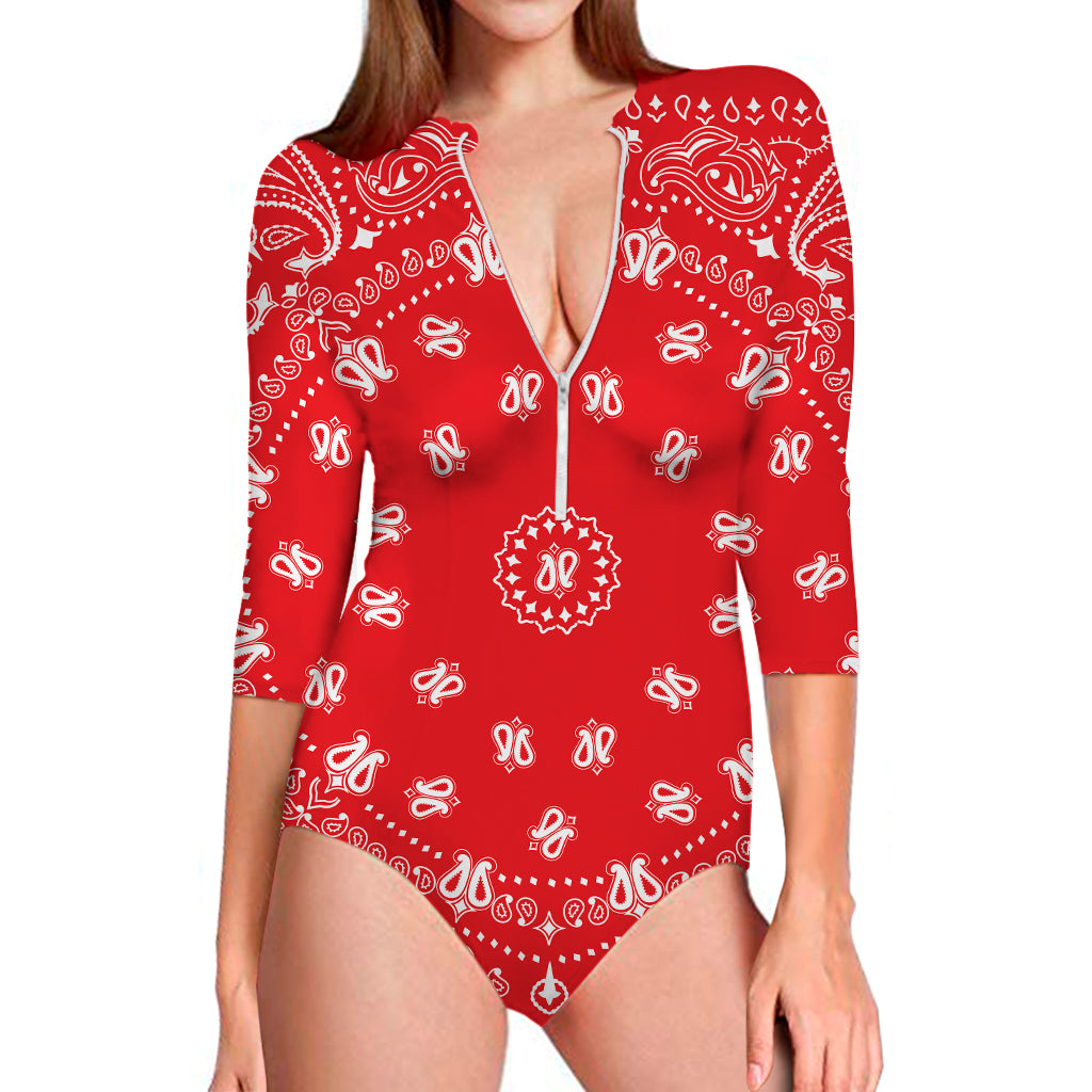 Red Paisley Bandana Print Long Sleeve Swimsuit
