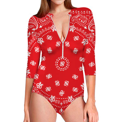 Red Paisley Bandana Print Long Sleeve Swimsuit