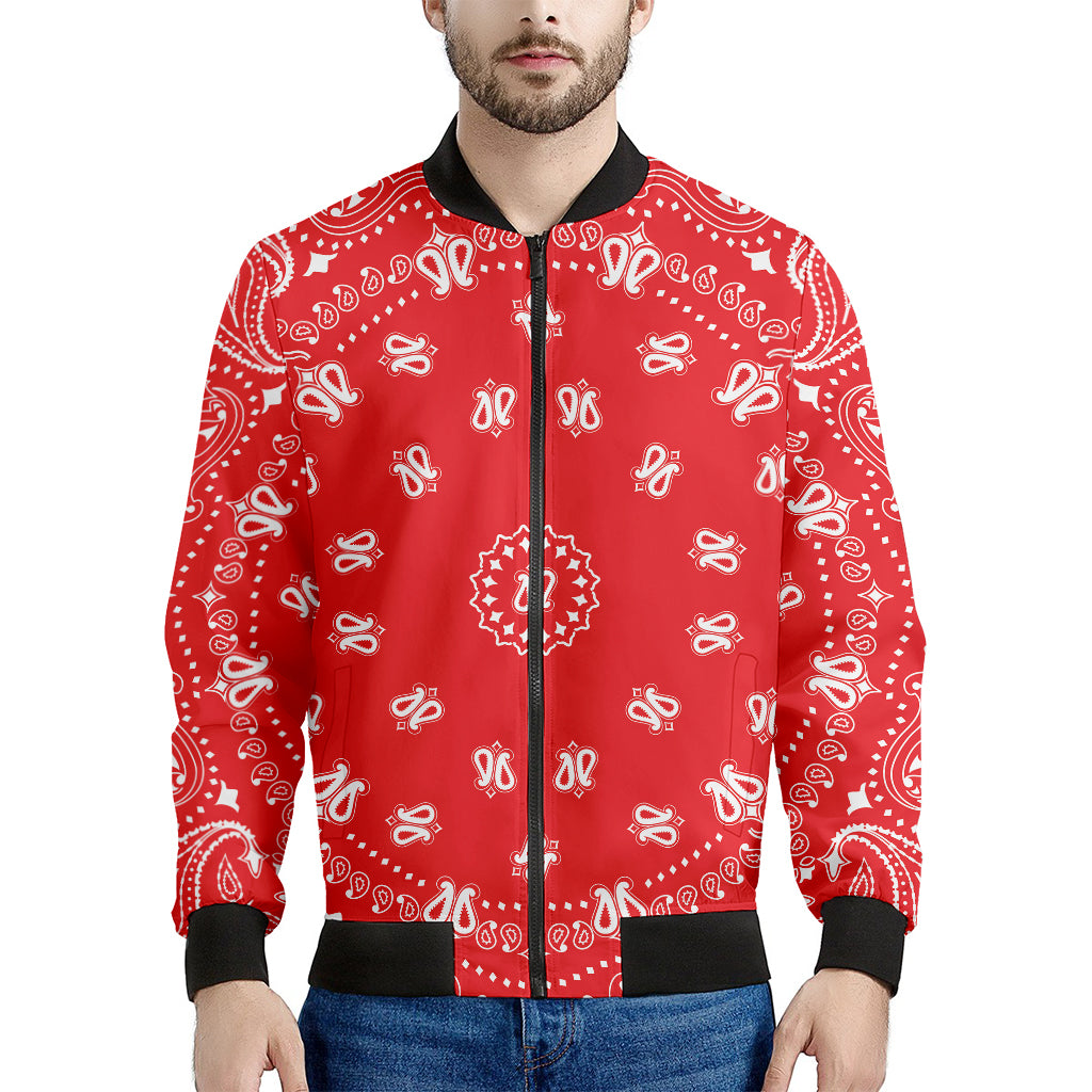 Red Paisley Bandana Print Men's Bomber Jacket