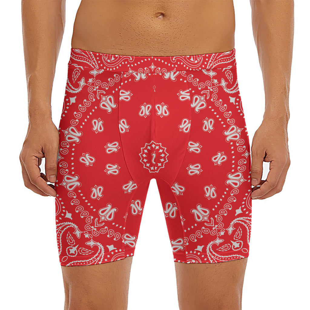 Red Paisley Bandana Print Men's Long Boxer Briefs