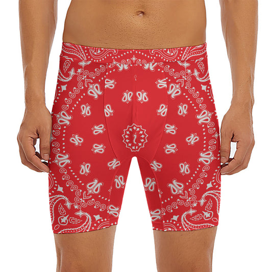 Red Paisley Bandana Print Men's Long Boxer Briefs