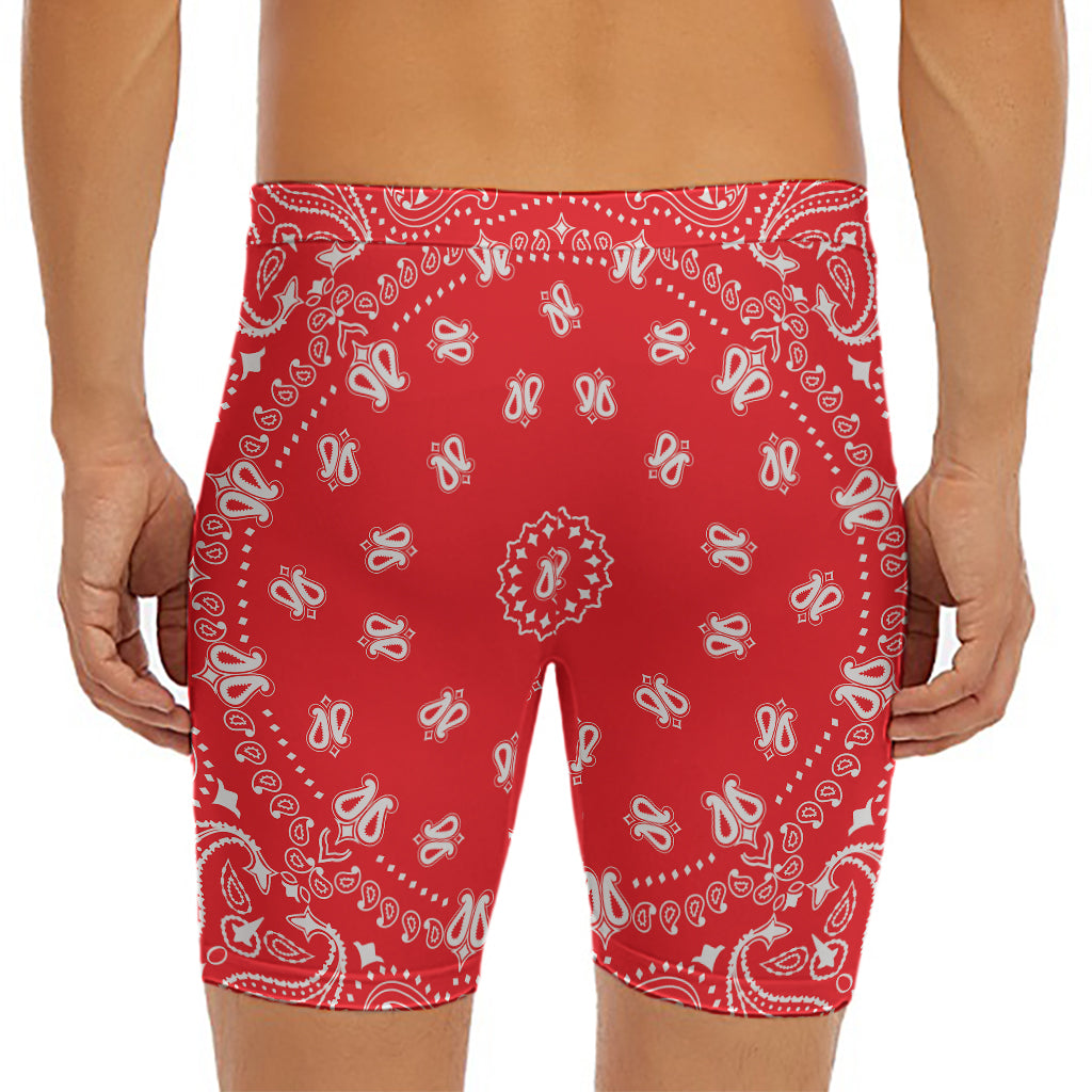 Red Paisley Bandana Print Men's Long Boxer Briefs
