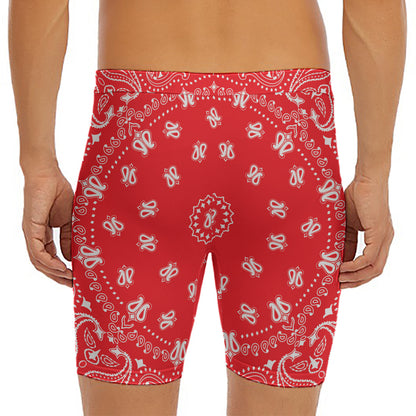 Red Paisley Bandana Print Men's Long Boxer Briefs