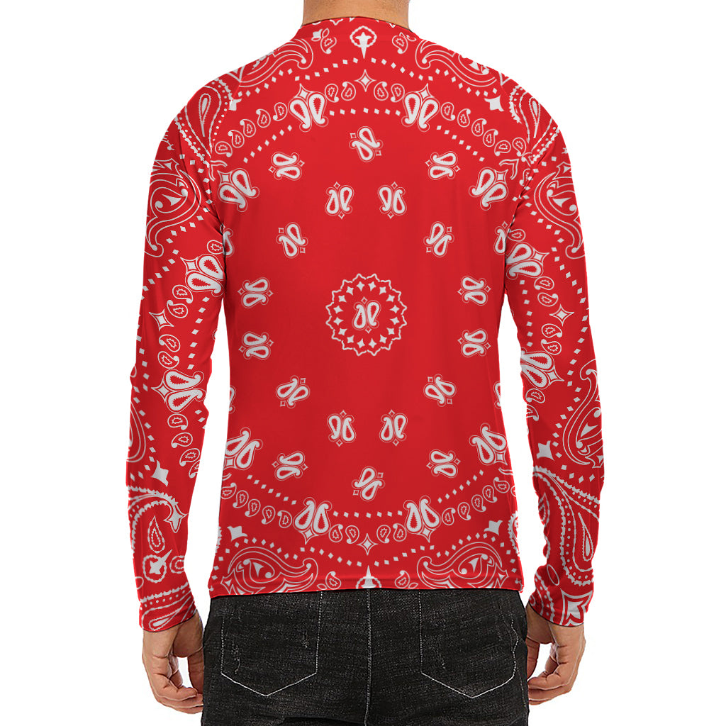 Red Paisley Bandana Print Men's Long Sleeve Rash Guard