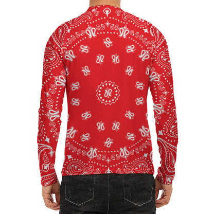 Red Paisley Bandana Print Men's Long Sleeve Rash Guard
