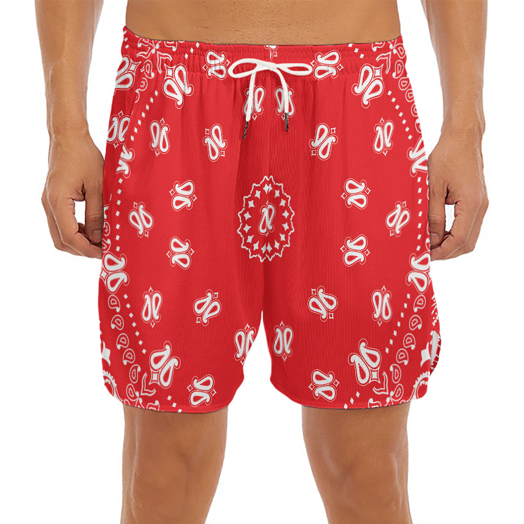 Red Paisley Bandana Print Men's Split Running Shorts