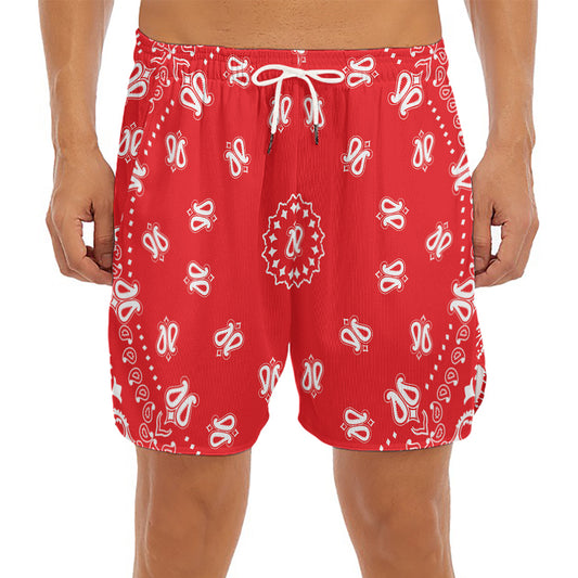 Red Paisley Bandana Print Men's Split Running Shorts