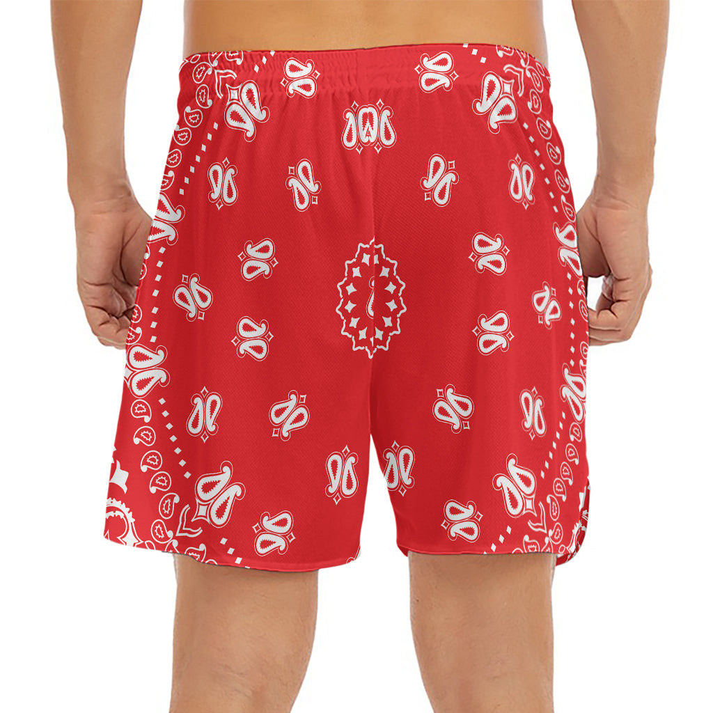 Red Paisley Bandana Print Men's Split Running Shorts