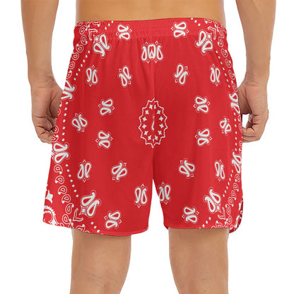 Red Paisley Bandana Print Men's Split Running Shorts