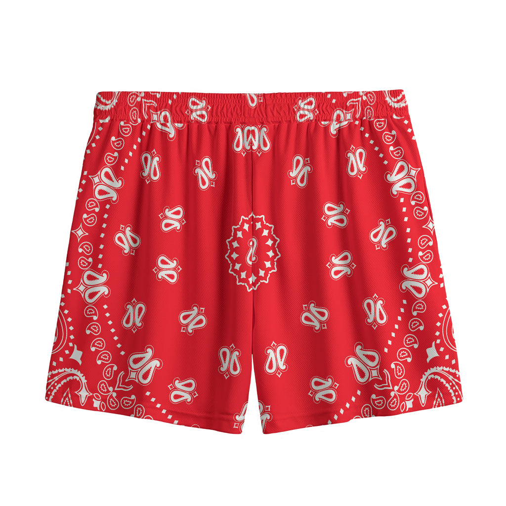 Red Paisley Bandana Print Mesh Shorts