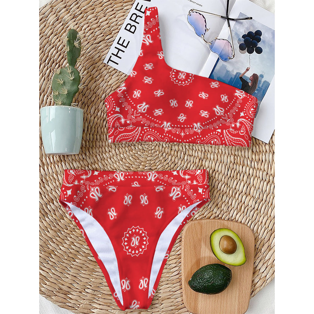 Red Paisley Bandana Print One Shoulder Bikini Top