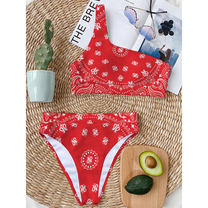 Red Paisley Bandana Print One Shoulder Bikini Top
