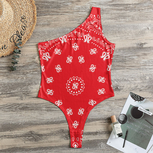 Red Paisley Bandana Print One Shoulder Bodysuit