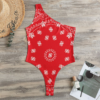 Red Paisley Bandana Print One Shoulder Bodysuit