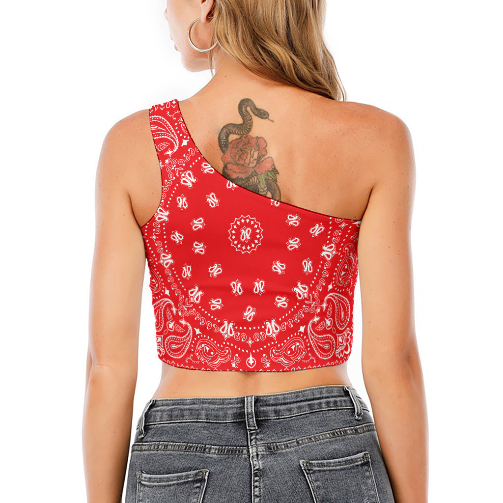 Red Paisley Bandana Print One Shoulder Crop Top