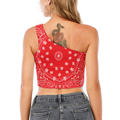 Red Paisley Bandana Print One Shoulder Crop Top