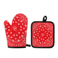 Red Paisley Bandana Print Oven Mitt And Pot Holder Set