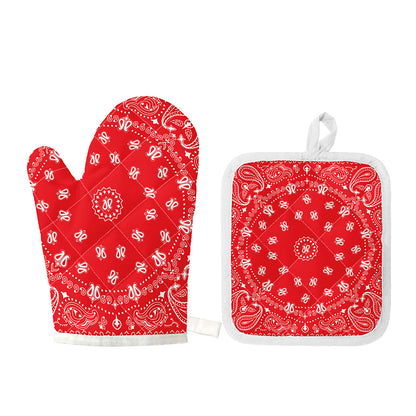 Red Paisley Bandana Print Oven Mitt And Pot Holder Set