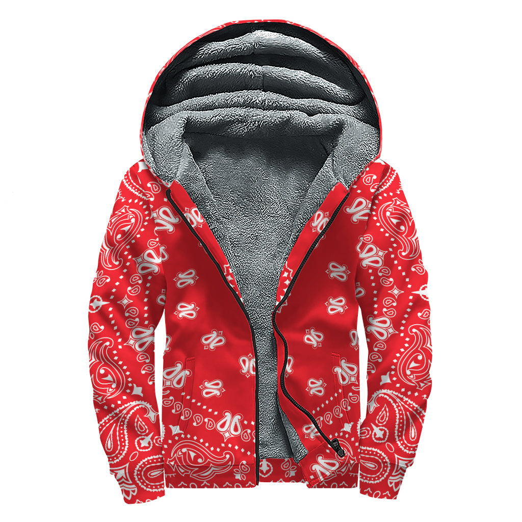 Red Paisley Bandana Print Sherpa Lined Zip Up Hoodie