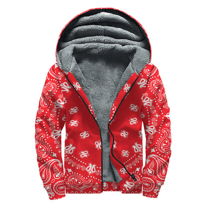 Red Paisley Bandana Print Sherpa Lined Zip Up Hoodie
