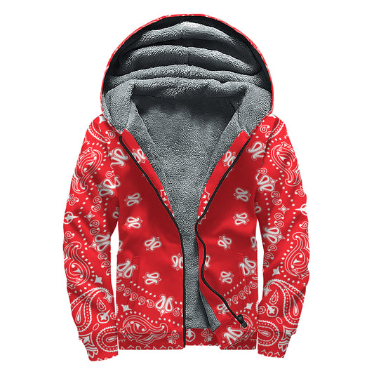 Red Paisley Bandana Print Sherpa Lined Zip Up Hoodie