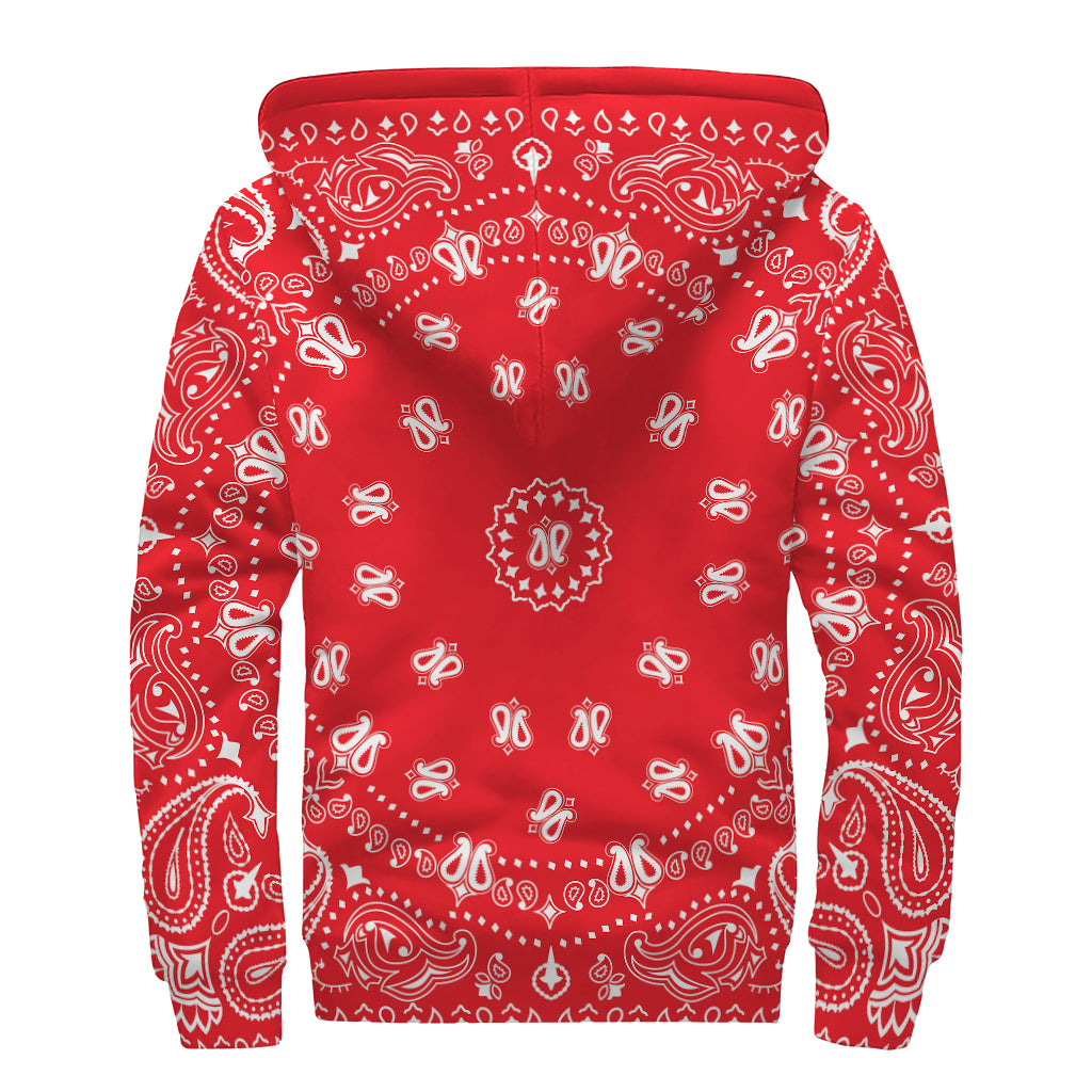 Red Paisley Bandana Print Sherpa Lined Zip Up Hoodie
