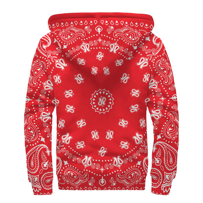 Red Paisley Bandana Print Sherpa Lined Zip Up Hoodie