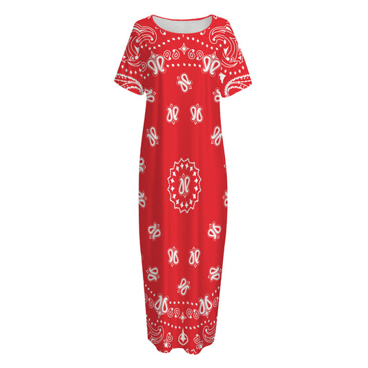 Red Paisley Bandana Print Short Sleeve Long Nightdress