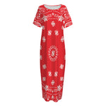 Red Paisley Bandana Print Short Sleeve Long Nightdress