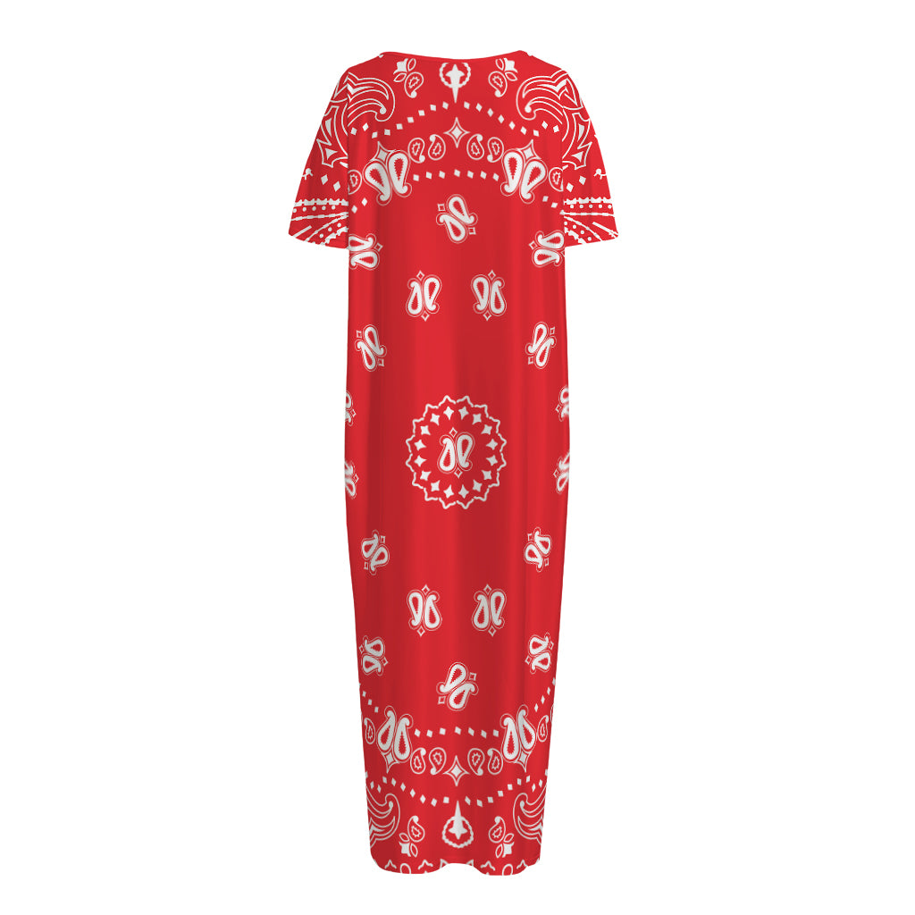 Red Paisley Bandana Print Short Sleeve Long Nightdress