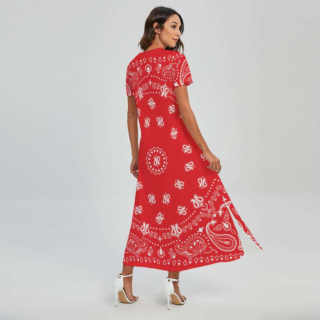 Red Paisley Bandana Print Short Sleeve Maxi Dress