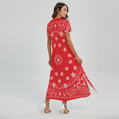 Red Paisley Bandana Print Short Sleeve Maxi Dress