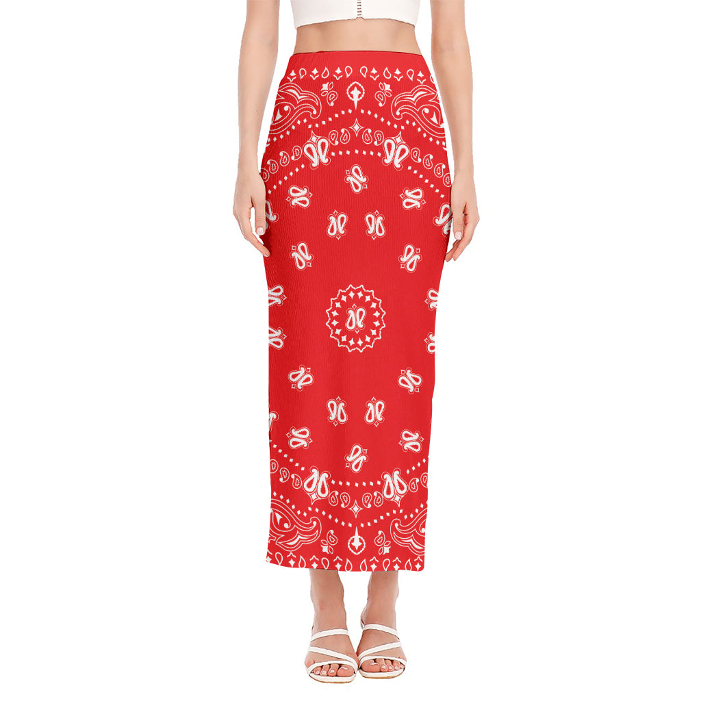 Red Paisley Bandana Print Side Slit Maxi Skirt