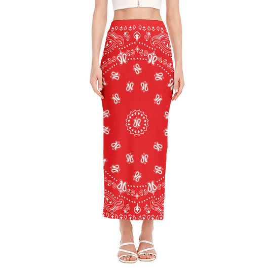 Red Paisley Bandana Print Side Slit Maxi Skirt