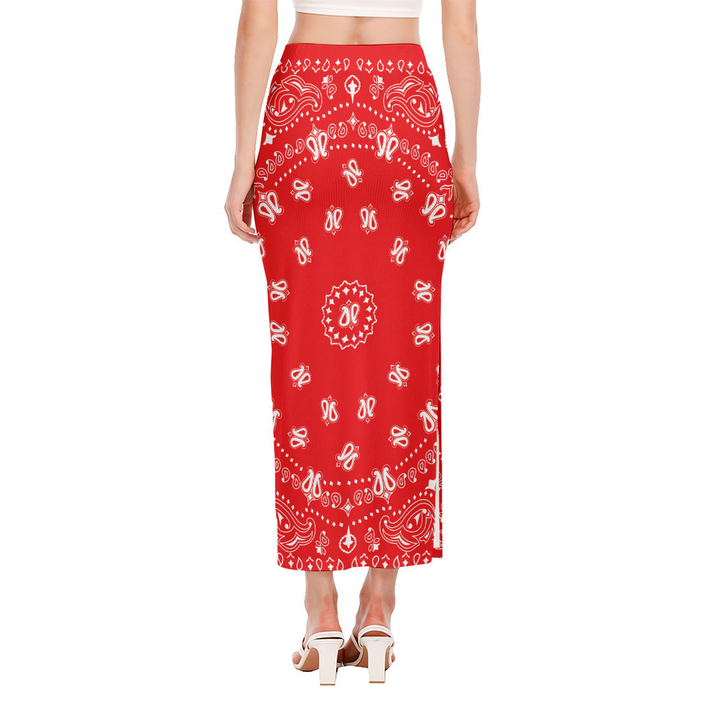 Red Paisley Bandana Print Side Slit Maxi Skirt