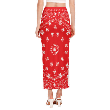 Red Paisley Bandana Print Side Slit Maxi Skirt