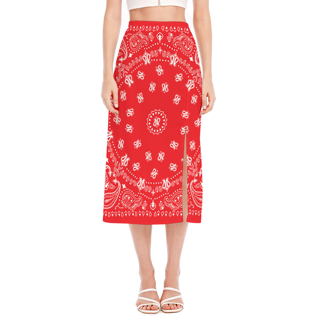 Red Paisley Bandana Print Side Slit Midi Skirt